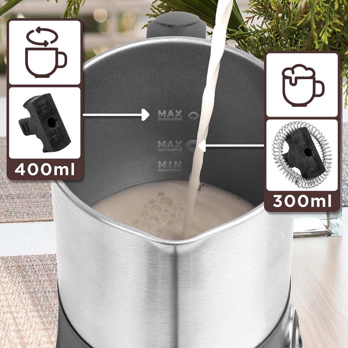 Duronic MF300 Mousseur à Lait électrique automatique 550W | Pour café cappuccino latte chocolat chaud thé | Mousse chaude ou froide et lait chaud | Capacité 400 ml | Pot en inox – Image 3